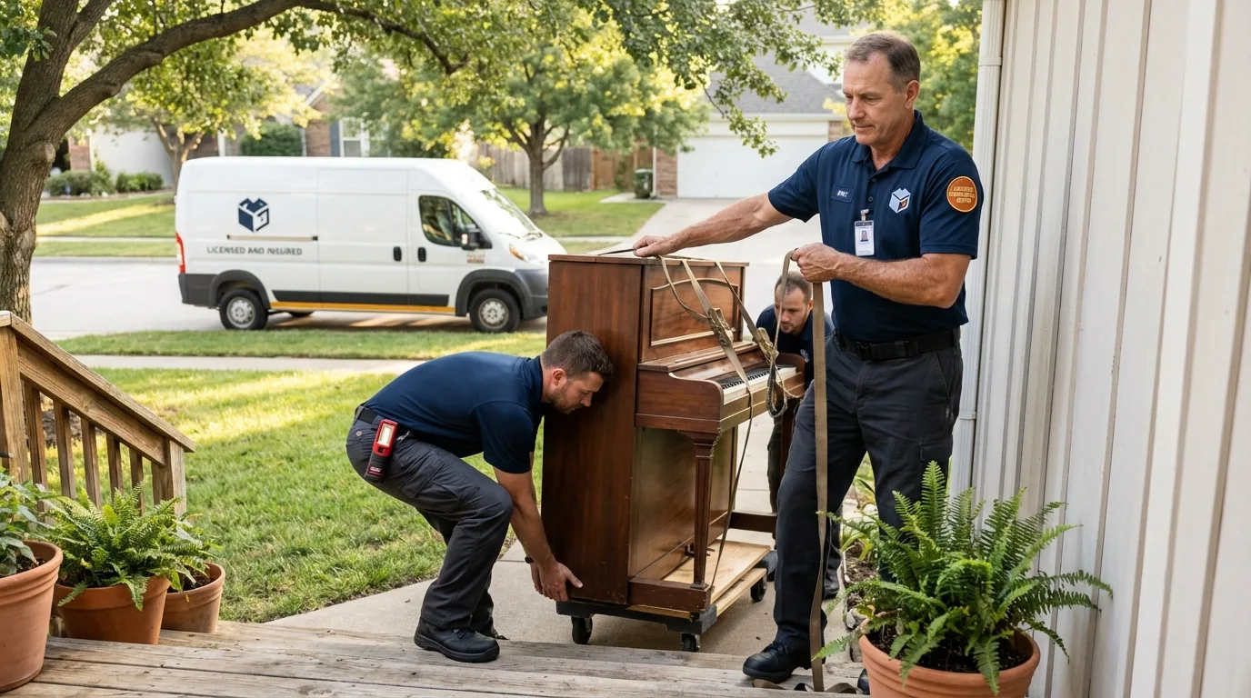 Licensed piano movers securing grand piano in Oakhurst, OK
