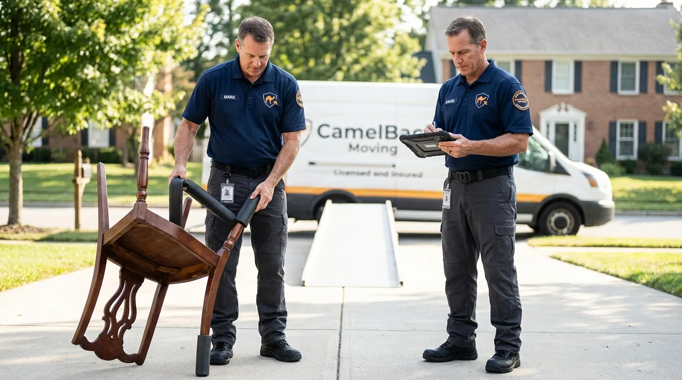 Movers inspecting furniture for damage prevention before loading in Oakhurst, OK