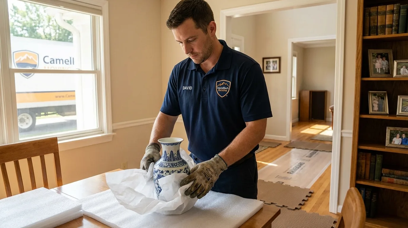 Professional crew carefully wrapping antique vase for senior downsizing move in Oakhurst, OK